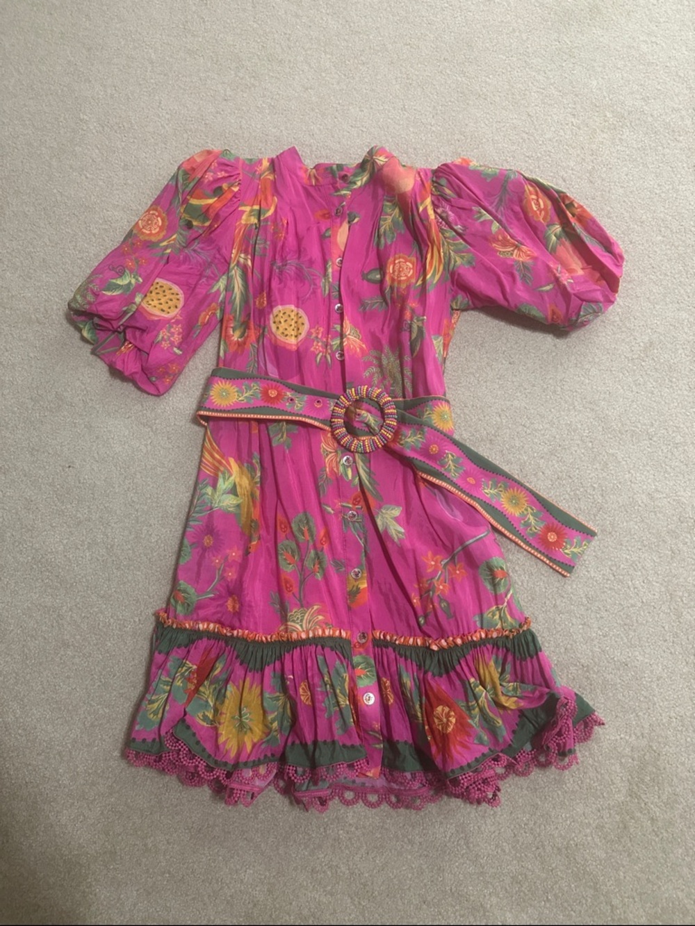 FARM Rio Pink Floral Belted Puff-Sleeve Dress